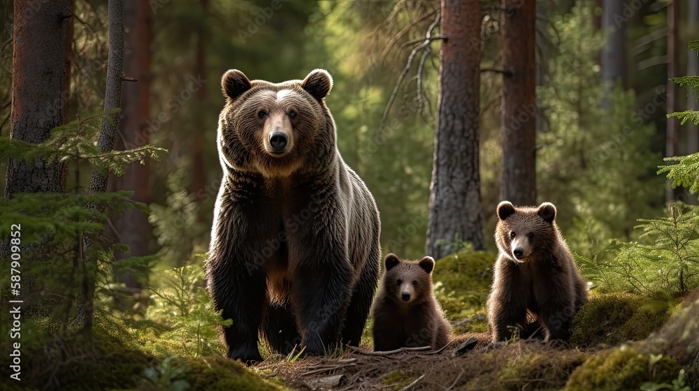 Female eurasian brown bear and her cubs in boreal forest. Generative AI Female eurasian brown bear and her cubs in boreal forest. Generative AI
