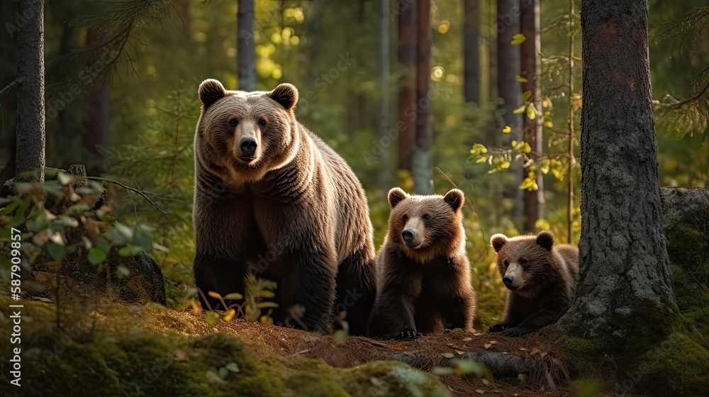 Obraz premium Female eurasian brown bear and her cubs in boreal forest. Generative AI