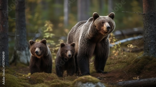 Female eurasian brown bear and her cubs in boreal forest. Generative AI