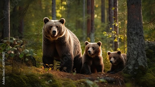 Female eurasian brown bear and her cubs in boreal forest. Generative AI photo