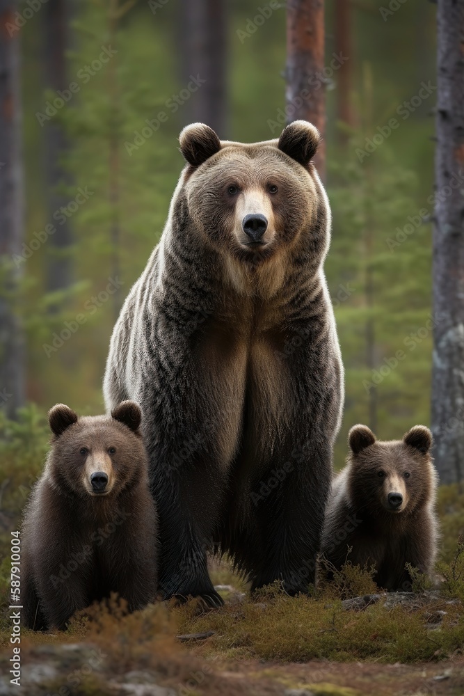 Obraz premium Female eurasian brown bear and her cubs in boreal forest. Generative AI