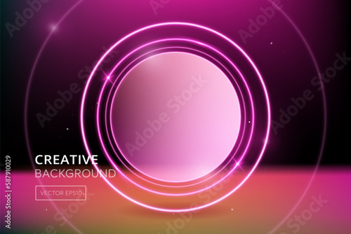 Futuristic vibrant pink round glowing neon light in dark outer space background with empty circle frame in the middle