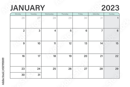 2023 January illustration vector desk calendar or planner weeks start on Monday in light green and gray theme