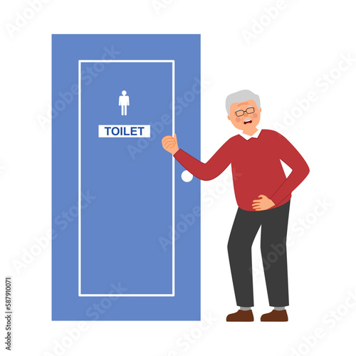 Senior man painful urination concept vector illustration. Old male holding pee in front of toilet. Diarrhea symptom.