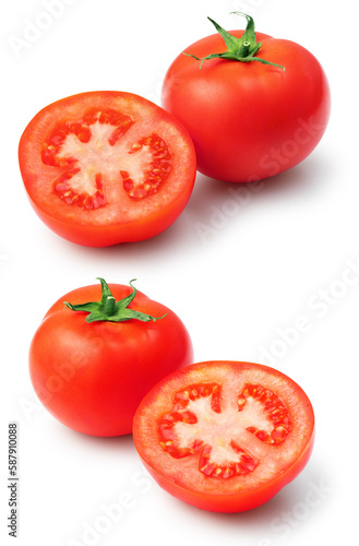 Tomatoes and tomato cross sections on white