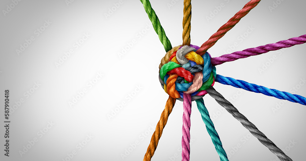 Collective Effort Integration and Unity with teamwork concept as a business metaphor for joining a partnership synergy and cohesion as diverse ropes connected together in interdependence. - obrazy, fototapety, plakaty 