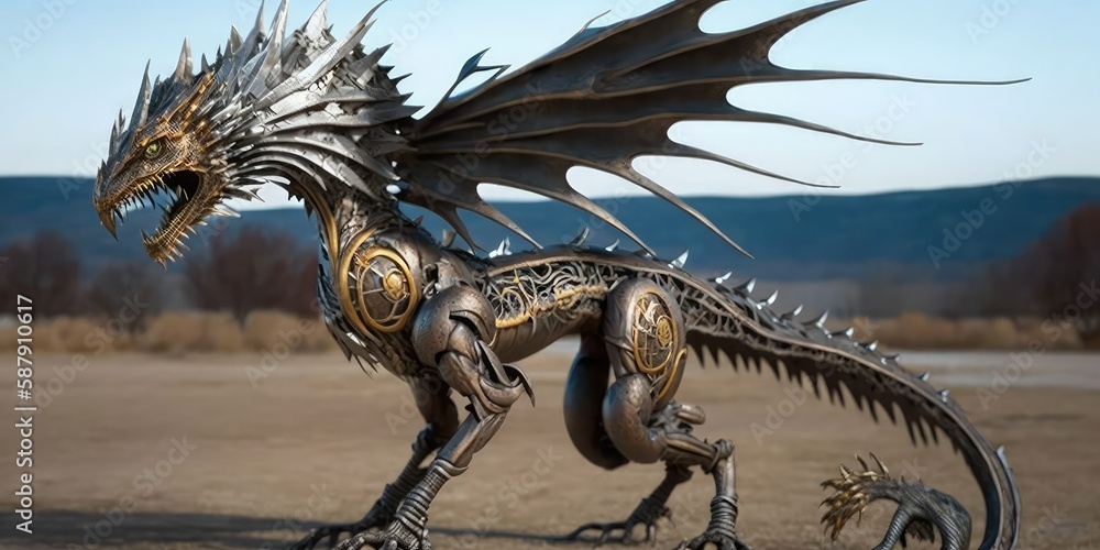 A Striking Life Sized Sculpture of a Mythical Creature Made of Recycled Materials. Created Using Generative AI. A Striking Life Sized Sculpture of a Mythical Creature Made of Recycled Materials. Created Using Generative AI.