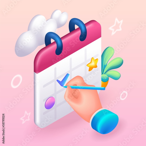 Trending 3D Isometric, cartoon Calendar icon for planning the day. Hand marks the tasks for the day. Vector illustration for website