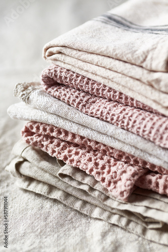 Linen and cotton tea towels. Natural textile. Close-up