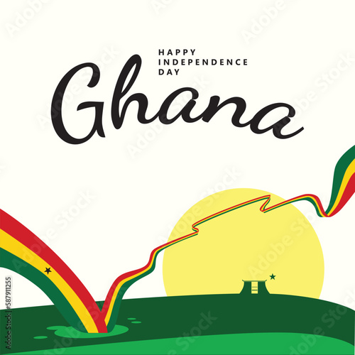 Ghana independence day celebration vector illustration with a long flag and a silhouette of a building within bright day scenery. Suitable for social media posts.