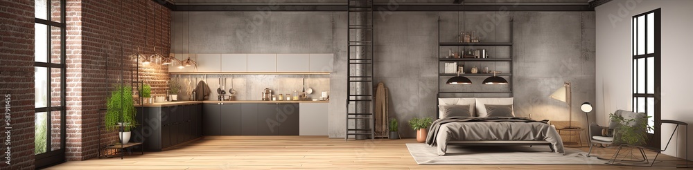 Panorama of loft apartment interior italian style 3d rendering Panorama of loft apartment interior italian style 3d rendering