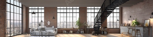 Panorama of loft apartment interior 3d rendering