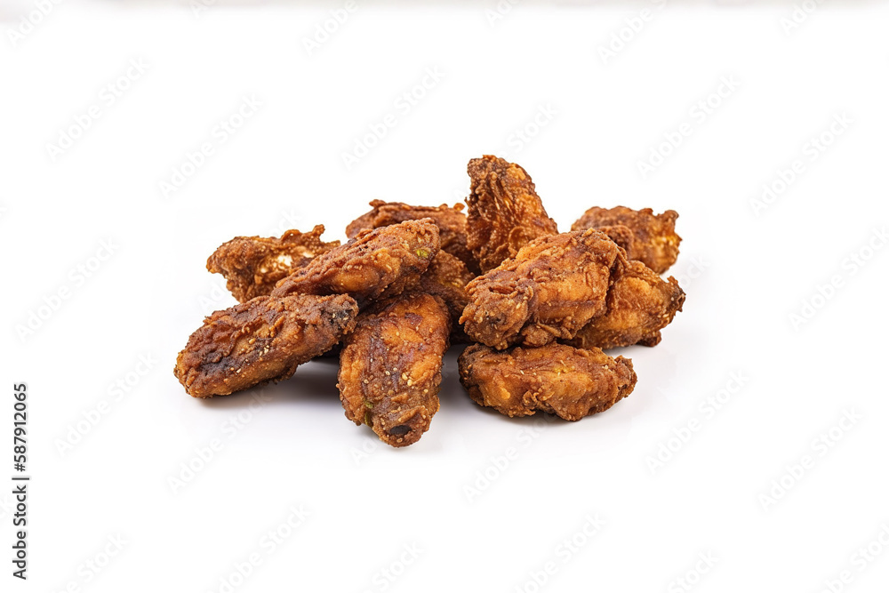a pile of spicy fried chicken wings isolated on a white background. Created with Generative AI Technology a pile of spicy fried chicken wings isolated on a white background. Created with Generative AI Technology
