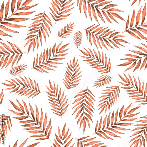 Watercolor seamless pattern with palm leaves. Beautiful allover tropical print with hand drawn exotic plants. Swimwear botanical design. 