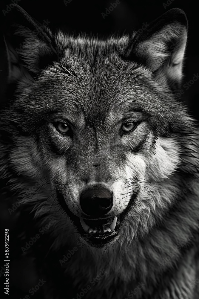 wolf facing forward, he is snarling aggressively, black and white, Generative AI