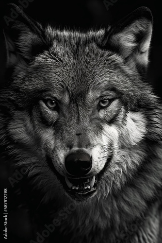 wolf facing forward, he is snarling aggressively, black and white, Generative AI © nadunprabodana