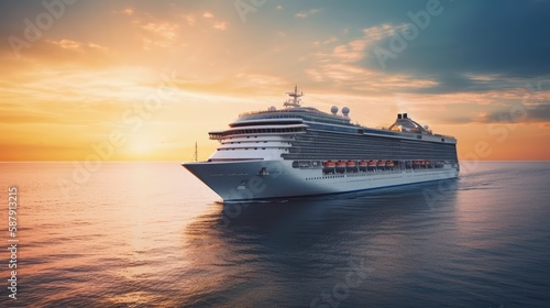 Luxury Cruise Ship Sailing to Port at Sunrise. Generative AI. © GustavsMD