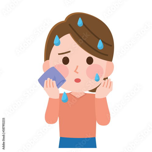 顔に発汗する女性　更年期障害　イラスト