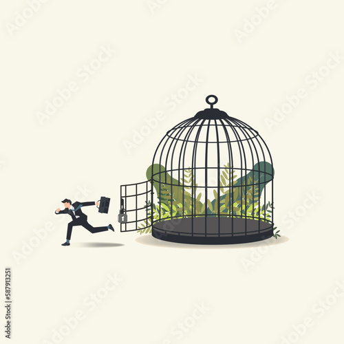 Businessman escaped from opened cage vector illustration