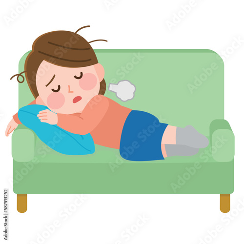 ソファでぐったり疲れて寝そべる女性　イラスト