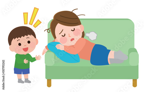 ソファでぐったり疲れて寝そべる女性と元気な子ども　イラスト