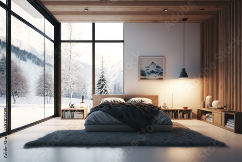 modern minimalistic interior of a bedroom mountain view
