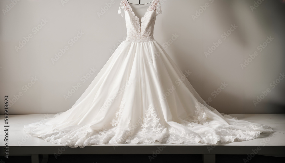 A beautiful wedding dress in close-up with hanger. Space for text. Ideal as decoration, banner, wallpaper or header. Beautiful image.
