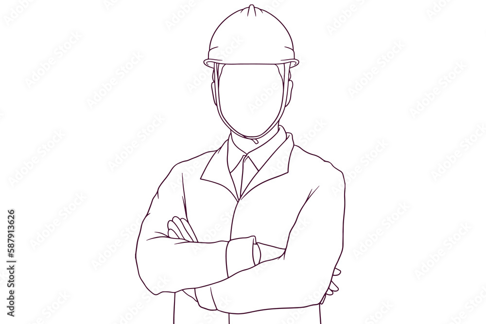 Smiling engineer standing with hard hat hand drawn vector illustration