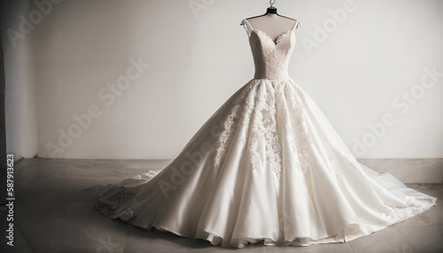 A beautiful wedding dress in close-up with hanger. Space for text. Ideal as decoration, banner, wallpaper or header. Beautiful image.