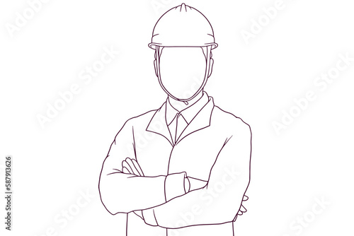 Smiling engineer standing with hard hat hand drawn vector illustration