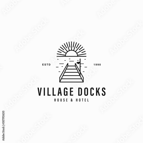 vintage village dock logo design vector illustration, premium lake port hotel & house business sign logo design vector ideas. village port lake logo design template