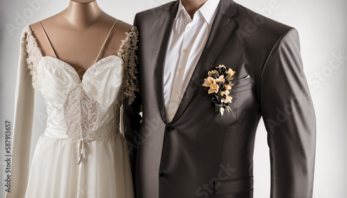 A beautiful picture with a groom's suit and a wedding dress. Ideal as decoration, banner, header or wallpaper. Space for text. Copy Space, Blank Text.