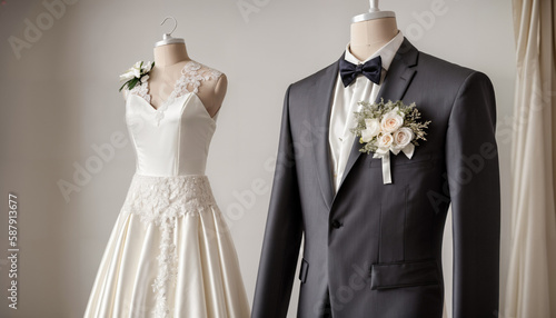 A beautiful picture with a groom's suit and a wedding dress. Ideal as decoration, banner, header or wallpaper. Space for text. Copy Space, Blank Text.