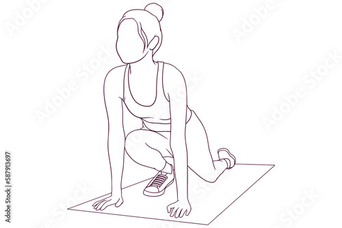 Young woman doing exercises on top of a fitness mat hand drawn vector illustration