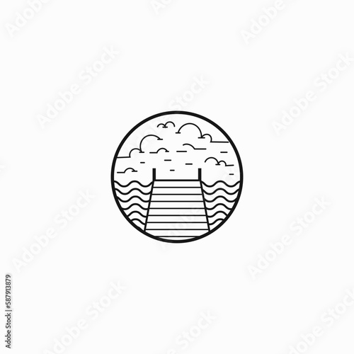 outline wharf, port, dock, lake port logo design vector illustration with simple, modern and elegant. line art landscape of lake docks sign logo vector design template