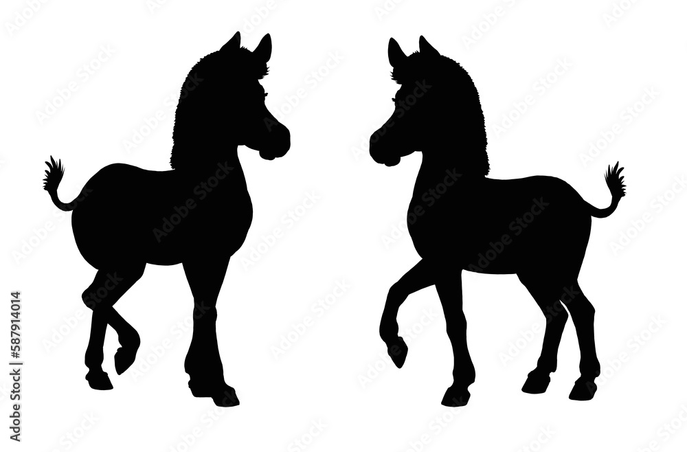 Black silhouette of foals. Drawing with funny horse. Template for children to cut out.