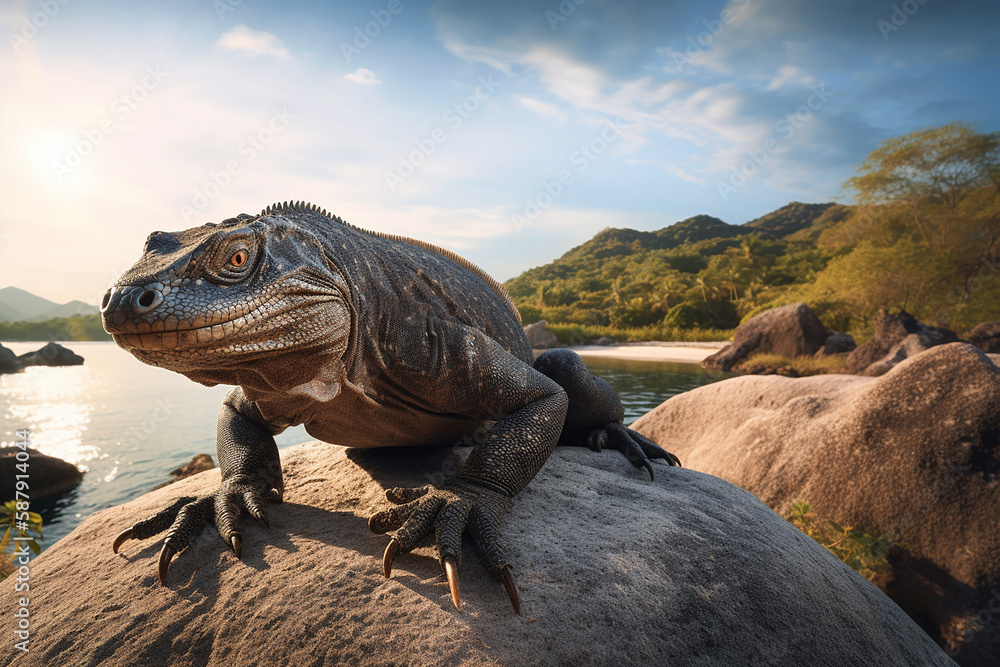 Fototapeta premium Komodowaran sonnt sich auf einem Felsen