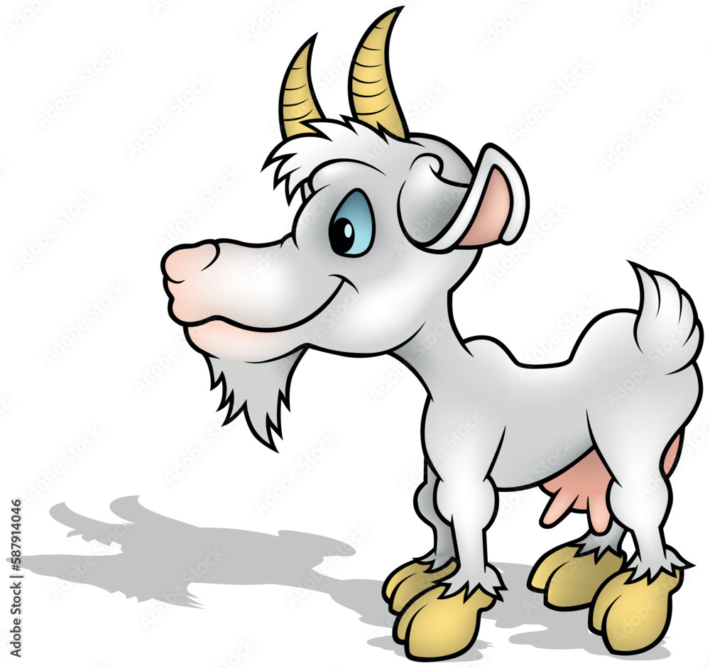 Smiling Horned Goat Standing on the Ground from Side View