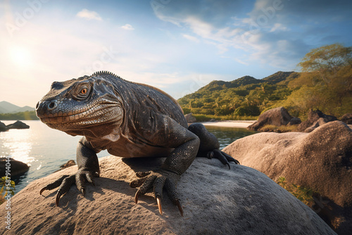 Komodowaran sonnt sich auf einem Felsen