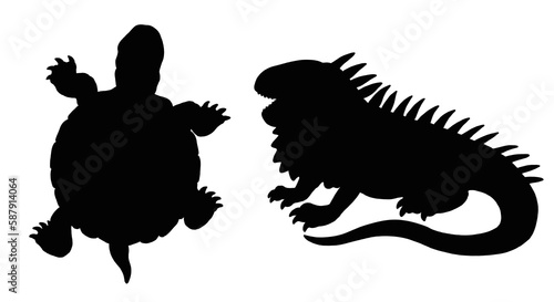 Black silhouette of turtle and iguana. Template with funny reptiles. Template for children to cut out.