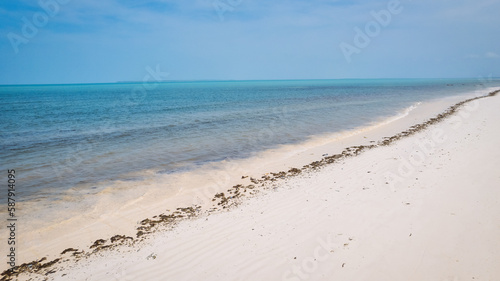 Zanzibar Island is a haven of natural beauty  featuring a stunning tropical beach with white sand  palm trees  and crystal-clear turquoise waters against a clear blue sky with fluffy clouds on a warm 