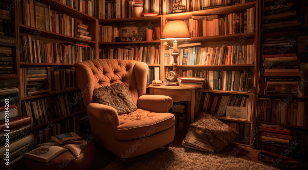 "Cozy reading nook with bookshelves in top-down view" (Generative AI) - obrazy, fototapety, plakaty 