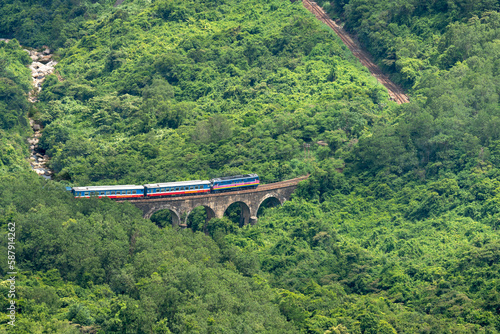 View of trains and railways on Hai Van Pass in Bach Ma Mountain, Hue city, Vietnam