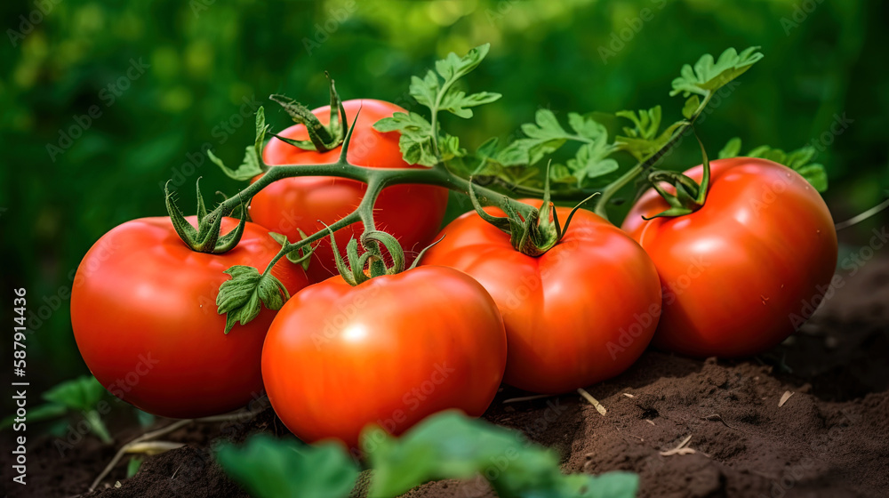 Delicious ripe tomatoes in a picturesque garden, digital ai art	
