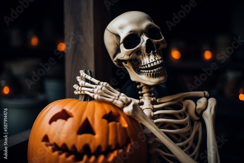 A skeleton holding a Halloween pumpkin - Generative AI