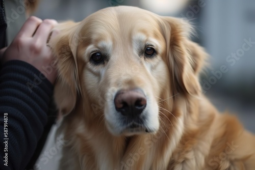 A loyal and affectionate Golden Retriever cuddled up with its owner, showing off its loyal and affectionate nature. Generative AI
