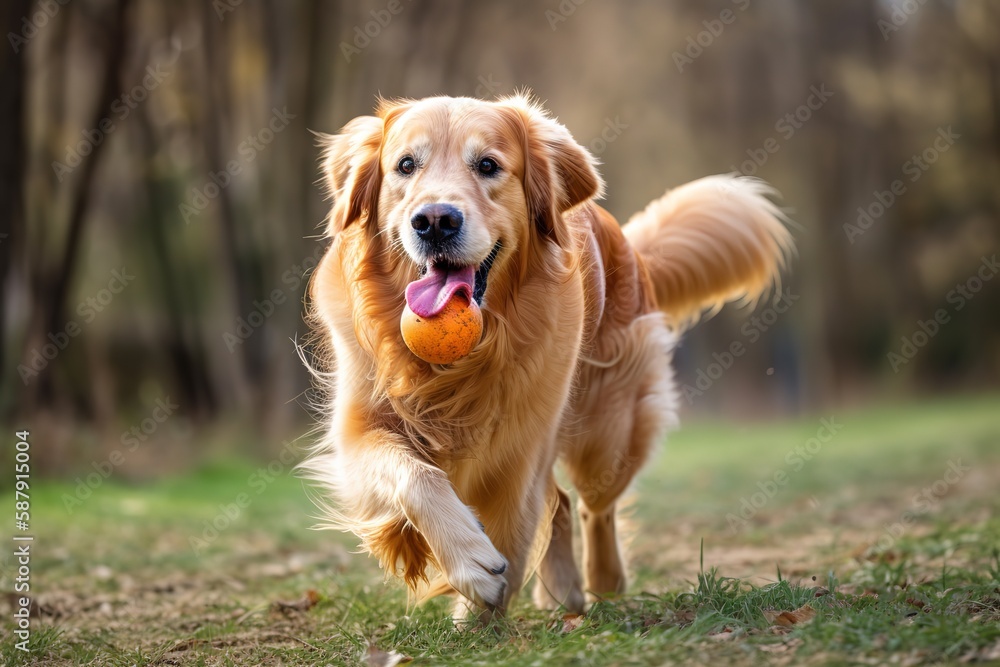 A loyal and affectionate Golden Retriever playing fetch, showing off its loyal and affectionate nature. Generative AI A loyal and affectionate Golden Retriever playing fetch, showing off its loyal and affectionate nature. Generative AI