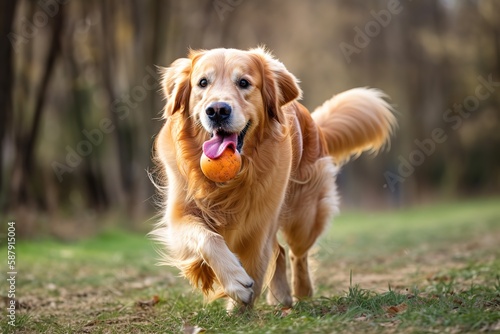 A loyal and affectionate Golden Retriever playing fetch, showing off its loyal and affectionate nature. Generative AI