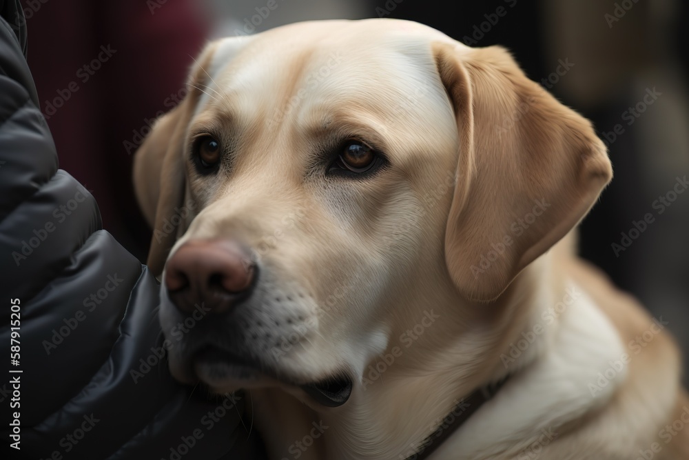 A loyal and affectionate Labrador Retriever cuddled up with its owner, showing off its loyal and affectionate nature. Generative AI A loyal and affectionate Labrador Retriever cuddled up with its owner, showing off its loyal and affectionate nature. Generative AI