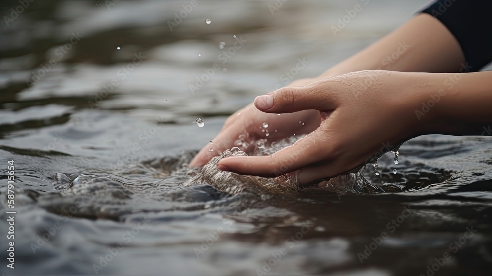 Female hands touching the river water. Generative AI Female hands touching the river water. Generative AI
